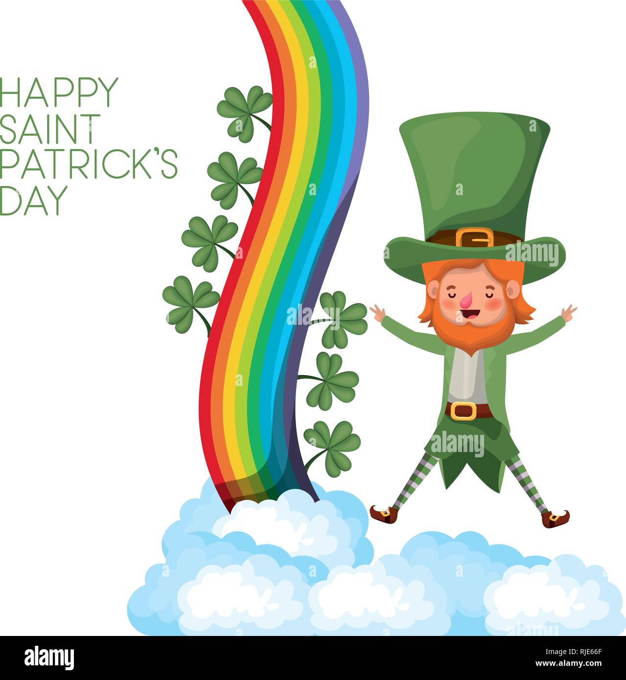 happy saint patrick`s day label with leprechaun and rainbow Stock Vector